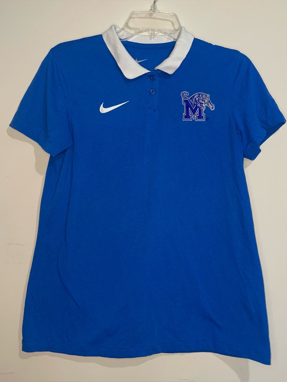 Nike Dri Fit Blue White Memphis Tigers M Cotton Blend Polo Top Embroidered Logo